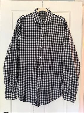 C2 by Calibrate Black and White Gingham Button-Down Shirt, size 16.5 with 36-37”